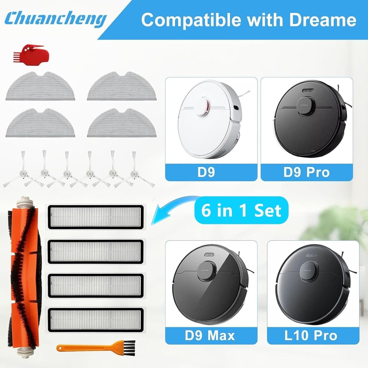 Accessoires Kit gescht Voor Dreame D9 Stofzuiger Onderdelen, Inclusief 1 Hoofdborstel, 6 Side Borstel, 4 Filters, 4 Mop Doek, 2 Reinigingsborstel — afbeelding 1