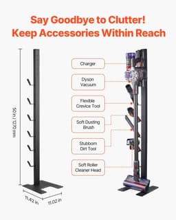 Stofzuigerstandaard - Vrijstaande steelstofzuigerhouder - 6 Haken Voor Accessoires - Zonder Boren - Stevige Stalen Constructie - Ruimtebesparend - Voor Draadloze Steelstofzuigers — thumbnail 5