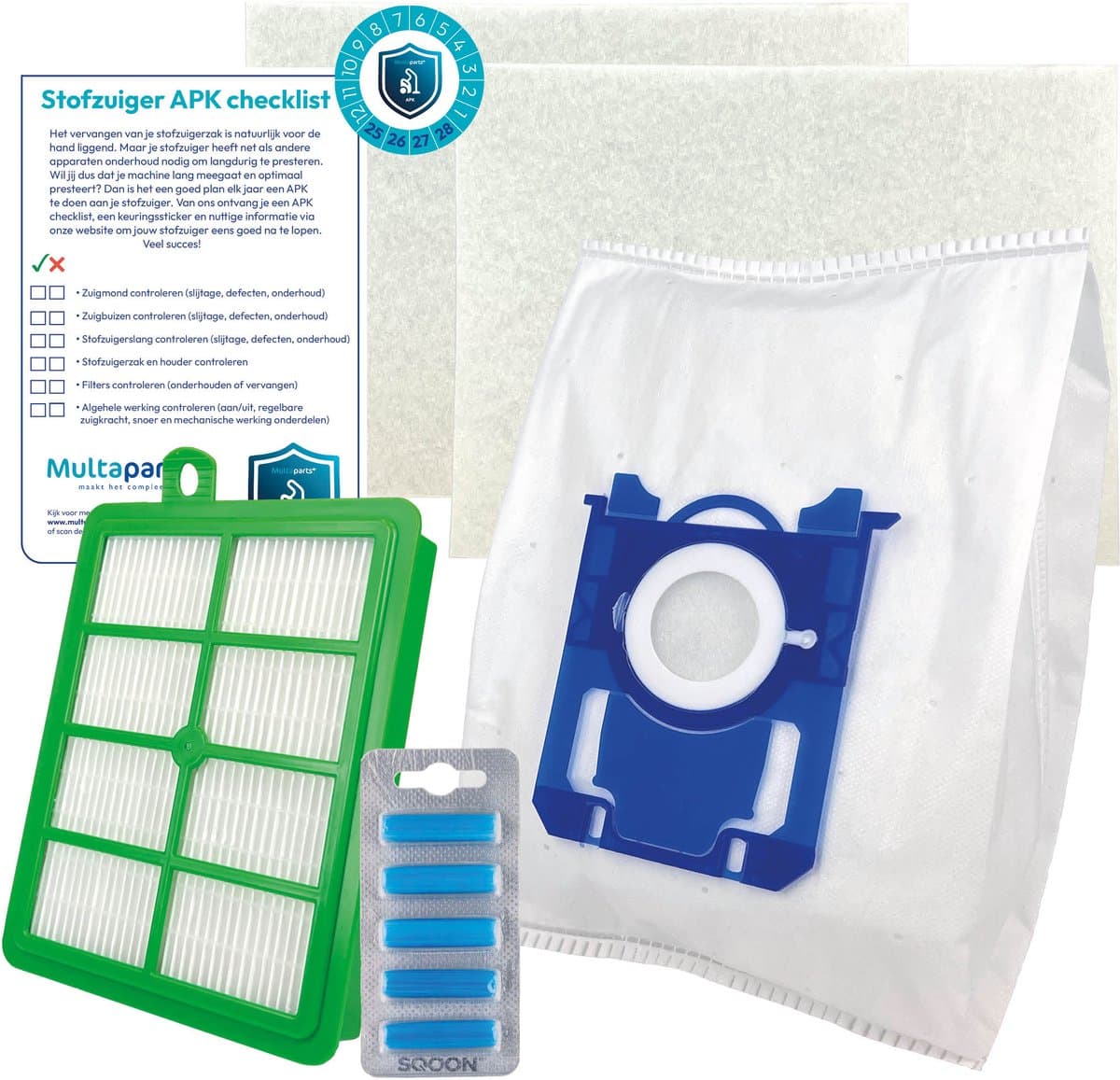 Multaparts® stofzuiger-APK set geschikt voor AEG VX6 / VX7 / VX8 | Complete onderhoudsset met stofzuigerzakken type S-BAG (10 x), motorfilter (2 x), HEPA filter, geursticks (5 x) APK-checklist & APK-sticker | Maak je stofzuiger weer als nieuw — afbeelding 1