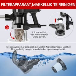 Elekiatech Steelstofzuiger - 5m Snoer - 25000Pa - 4 In 1 HEPA Filter - 1.3L Capaciteit Zwart — thumbnail 2