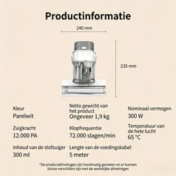 Matrasstofzuiger 300W – 12 kPa Zuigkracht – 72.000 Trillingen/min – Dubbele Stofbak 300 ml – UV-Licht – 65°C Warme Lucht – Voor Matras, Bed en Dierenhaar — thumbnail 2
