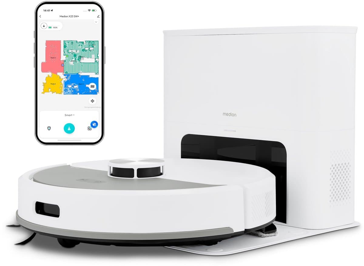 MEDION Robotstofzuiger met afzuigstation en dweilfunctie X23 SW+ (lasernavigatie, sterke 5000 Pa zuigkracht, 2-in-1 robotstofzuiger, nauwkeurige kaartopbouw, Go & No Go-zones, meerdere verdiepingen) w — afbeelding 1