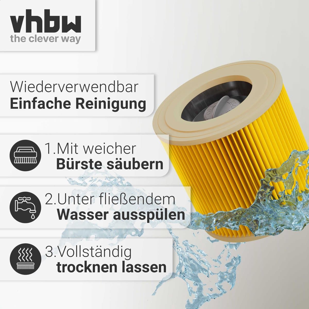 vhbw geplooid filter compatibel met Kärcher WD 3 V-17, WD 3 S V-4, WD 3 V-4, WD 3 V-20 stofzuigers - cartridgefilter geel, wasbaar — afbeelding 1