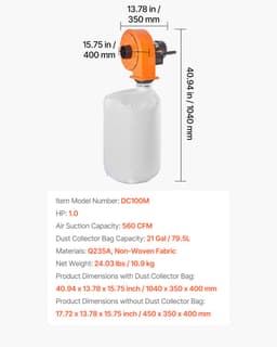 VEVOR Stofafzuigsysteem, Wandmontage, 1 Pk, 951,45 M³/U, Stofafzuiger voor Houtbewerking met Stofzak Van 2,5 Micron en 79,5 L, Spaanafzuigsysteem voor Houtbewerking/Werkplaatsen, Industriële Fabrieken — thumbnail 3