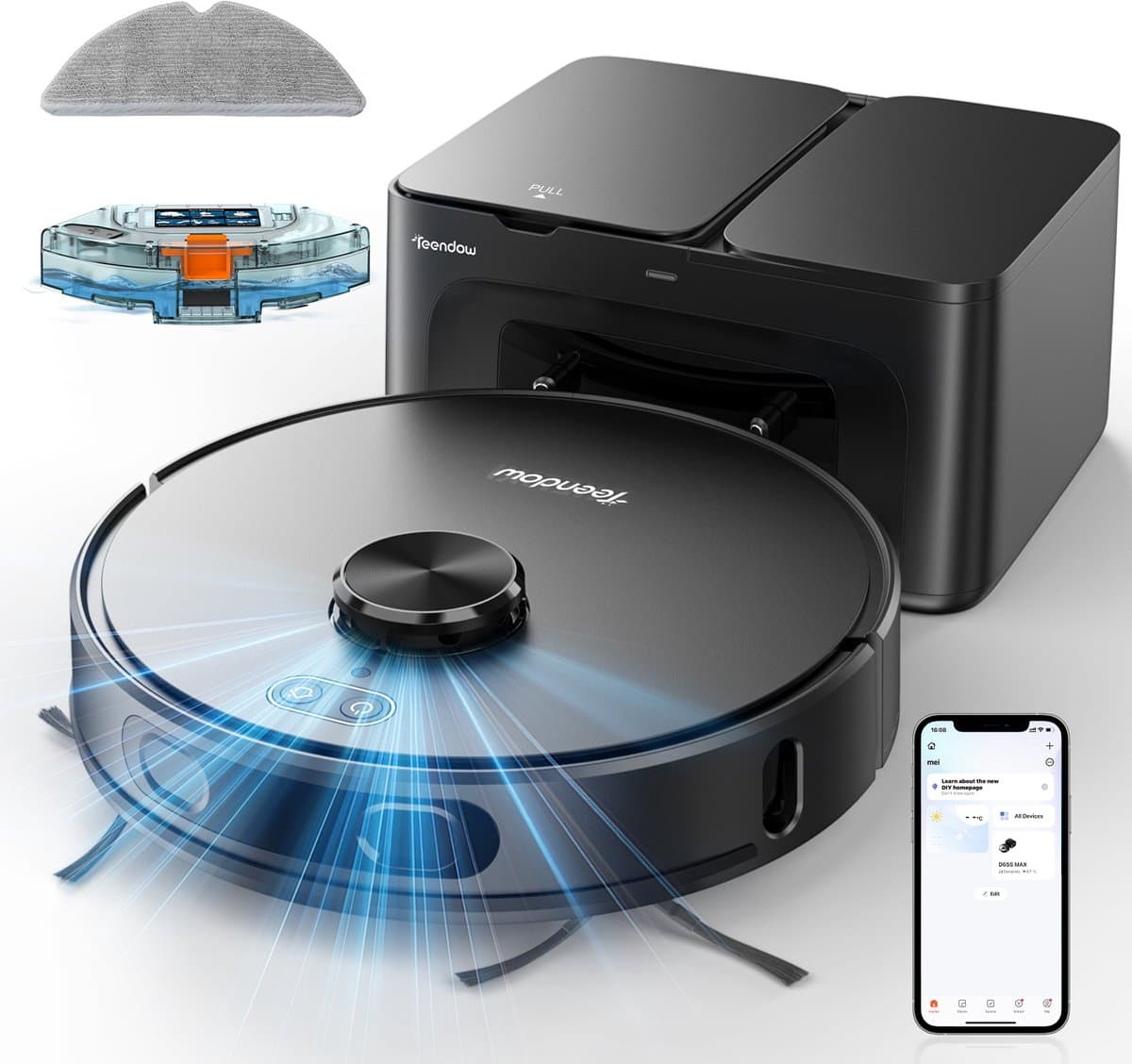 Teendow D65S MAX Robotstofzuiger - 70 dagen automatisch legen - 6000 Pa zuigkracht - 220 minuten gebruiksduur - 4 vermogensstanden - Zwart — afbeelding 1