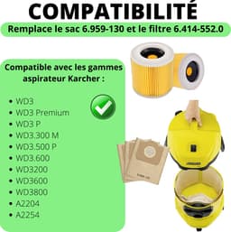Accessoirespakket voor Karcher WD3 WD3 Premium A2204 - Vervanging Stofzuigerzak 6.959-130 [Set 10] Vervanging Filter 6.414-552.0 [Set 2] — thumbnail 4