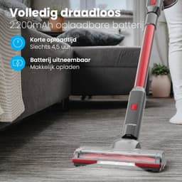 Auronic Steelstofzuiger Draadloos 220W - Draadloze Stofzuiger - HEPA Filter - Zelfstaand - Extra Accu - Op Accu - Zonder Zak - Kruimeldief - Vacuum Cleaner - Grijs/Rood — thumbnail 3