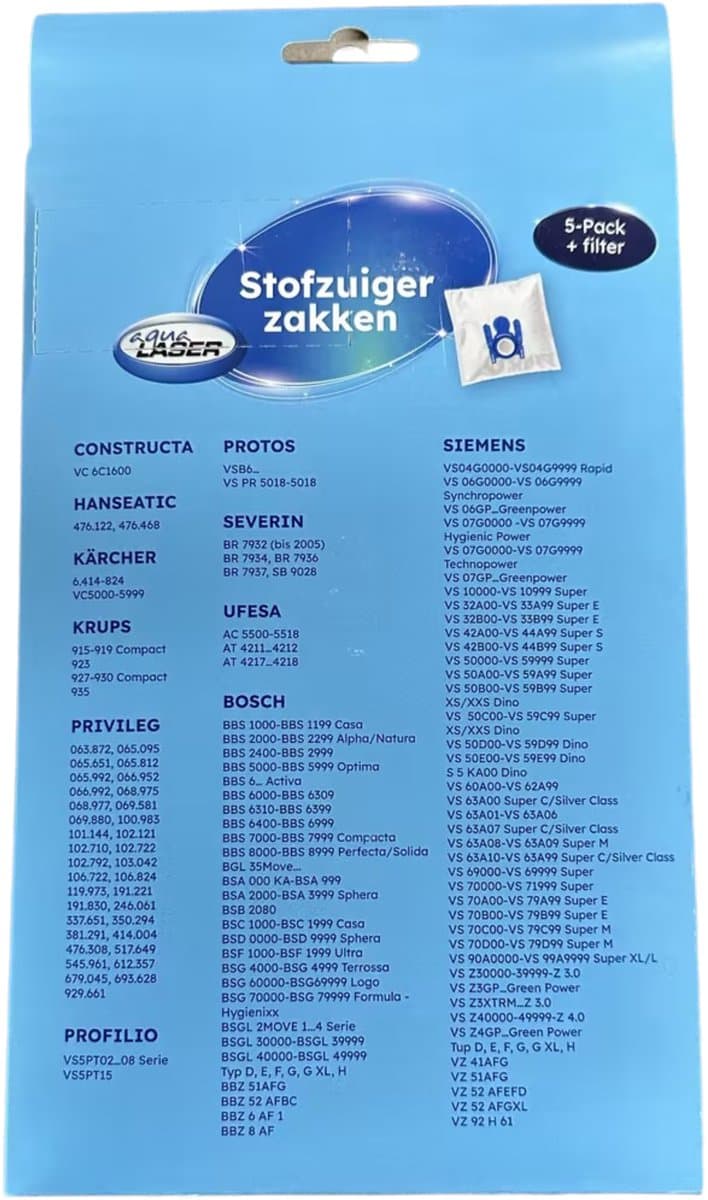 Aqua Laser Stofzuigerzakken - 30 stuks - 6 filters - voor Bosch en Siemens stofzuigers — afbeelding 1