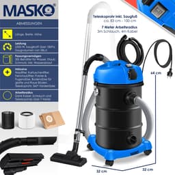 MASKO® Alleszuiger 6IN1 Nat- en Droogzuiger 2300W + stopcontact, Blaasfunctie, Droog- & natzuigen | Industriële stofzuiger vuilreservoir 30L Bouwstofzuiger - Blauw — thumbnail 2