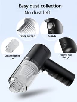 Draadloze Autostofzuiger - Zwart - Handmatig Draagbaar - USB Oplaadbaar - Drie-in-één Mini-stofzuiger - Geschikt voor Auto, Huis en Kantoor — thumbnail 4
