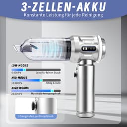 Glitzerlife Handstofzuiger, Accu, Mini-Stofzuiger, Draadloos, 25000 Pa, Handstofzuiger, Sterk, 4-In-1 Autostofzuiger Met Borstelloze Motor, 3 Standen, DraagGlitzerlife -bare Stofzuiger Voor Auto - Zilver-Wit — thumbnail 3