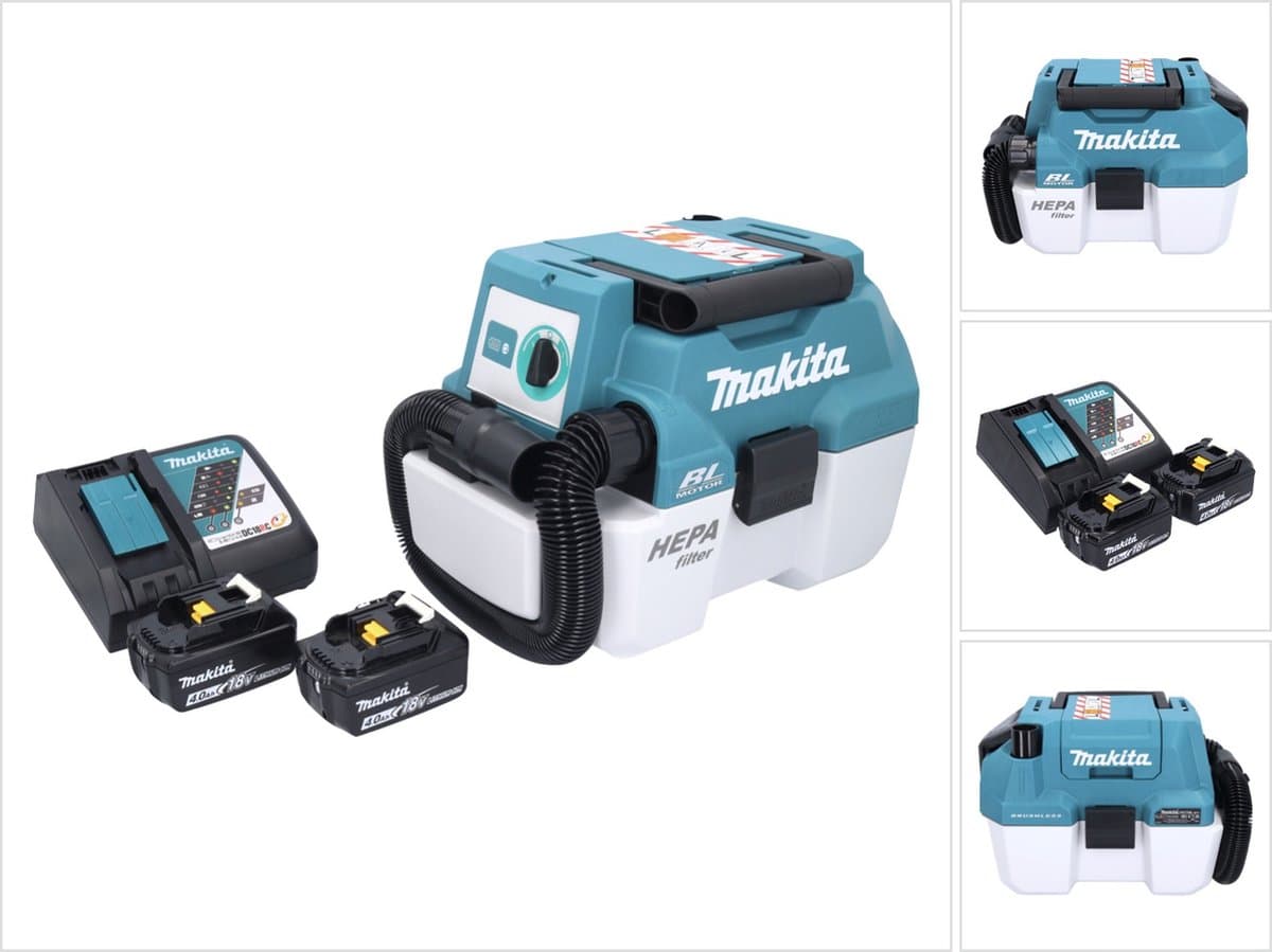 Makita DVC 750 LRM accustofzuiger LXT 18 V 67 mbar 7,5 l borstelloos + 2x accu 4,0 Ah + oplader — afbeelding 1