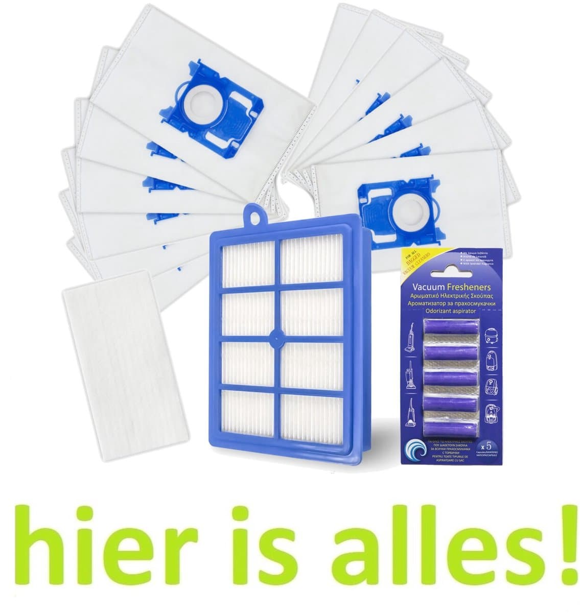 BIG set compatibel met ELECTROLUX - PHILIPS - AEG - stofzuigers 12 zakken - HEPA filter - inlaatfilter geurstaafjes. Een vervanging die net zo goed is als het origineel. — afbeelding 1