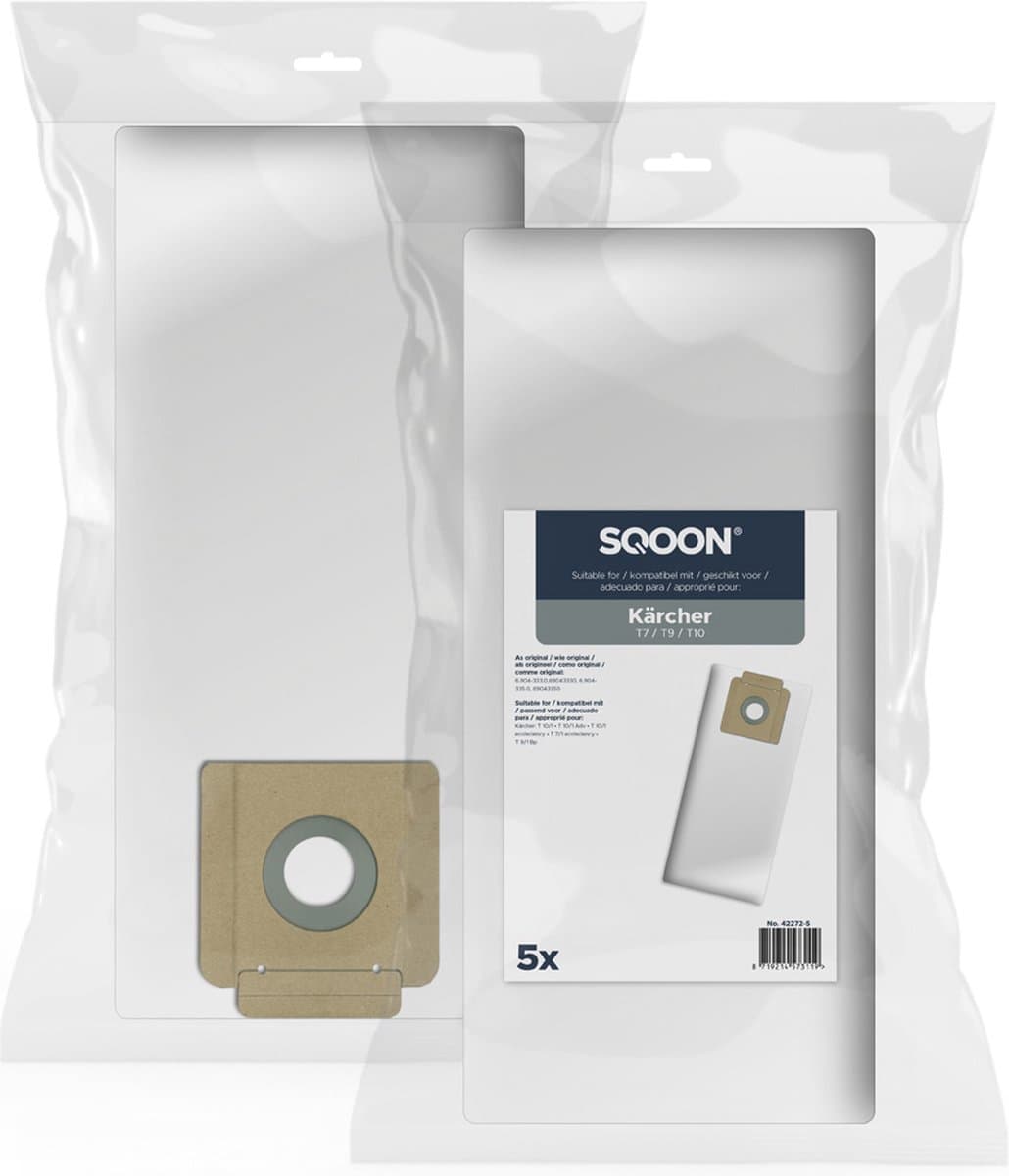 SQOON® Stofzuigerzakken Geschikt voor Kärcher T7 / T9 / T10 3-D - Vervangt 6.904-333.0 / 69043330 / 6.904-335.0 / 69043350 - 5 Stuks — afbeelding 1