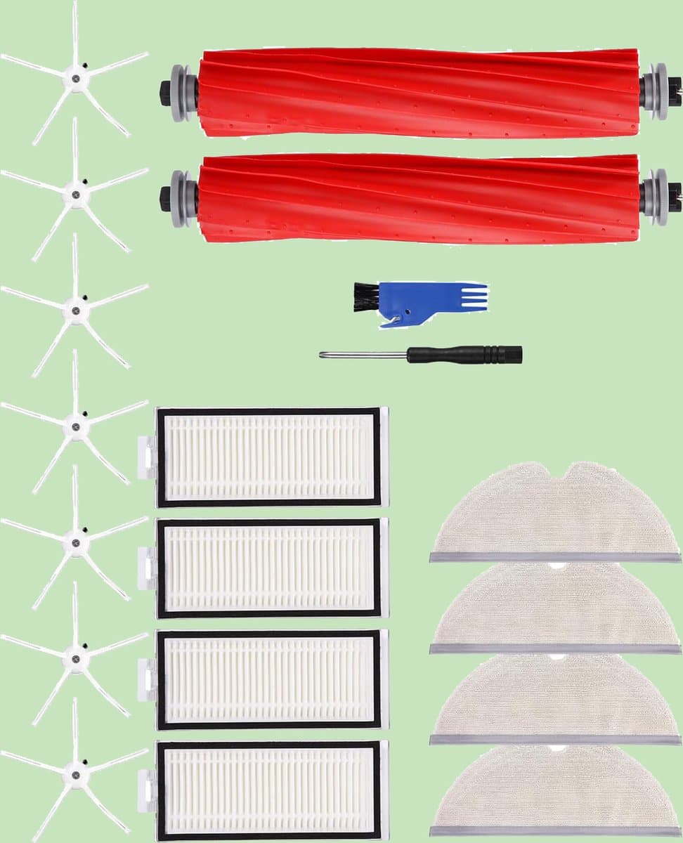 reserveonderdelen en accessoires geschikt voor Roborock Q7/Q7+/Q7 Max/Q7 Max+ stofzuigers. Set bevat: 2 hoofdborstels, 4 schoonmaakdoeken, 4 HEPA-filters, 7 zijborstels en 1 borstelreinigingsgereedschap. — afbeelding 1