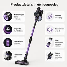 Gloovon® Draadloze Steelstofzuiger - 22kPa Zuigkracht - Borstelloze 250W Motor & Knikbare Buis - HEPA Filter - 39 min Accuduur — thumbnail 2