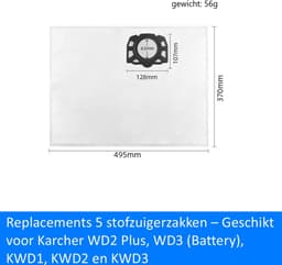Replacements® 5x Stofzuigerzakken geschikt voor Karcher WD2 Plus, WD3 (Battery), KWD1, KWD2, KWD3, WD3.200 - WD3.800 M — thumbnail 3