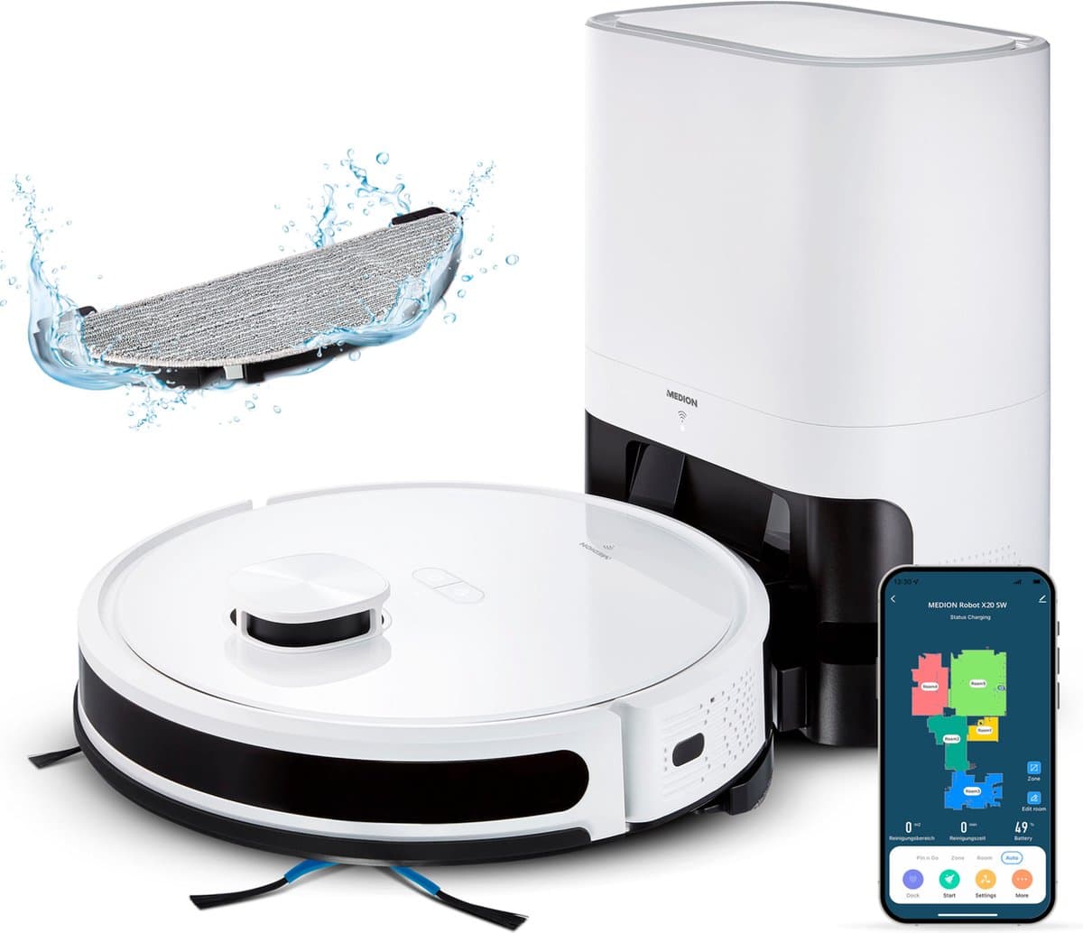 MEDION robotstofzuiger met zuigstation en dweilfunctie X20 SW+ (lasernavigatie, krachtige 3000Pa zuigkracht, 2in1 robotstofzuiger, nauwkeurig in kaart brengen, Go & No Go zones, meerdere vloeren) — afbeelding 1