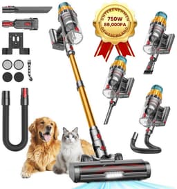 FOSMET Stofzuiger - Draadloze Stofzuiger - Steelstofzuiger - 750 watt - Hepa filtratie - Sterke Zuigkracht - 13 opzetstukken - Lange Accuduur Tot 80 Min - Zonder Zak Op Accu - Dierenhaar - Alle Vloertypen - Lang Snoer - Blauw‑ Goud — thumbnail 1