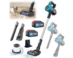 Draadloze Staafstofzuiger 30kPa zuigkracht | 2 stuks 18‑21V accu’s, 375W borstelloze motor, lichte stofzuiger met meerdere opzetstukken en wasbare HEPA‑filters voor thuis en auto