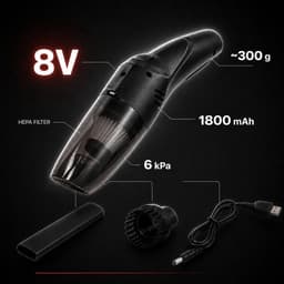 SnelShoppen - Draadloze handstofzuiger 8V, oplaadbare USB stofzuiger voor auto en huis, wasbaar HEPA-filter, 1800 mAh accu, 3 accessoires voor iedere — thumbnail 2