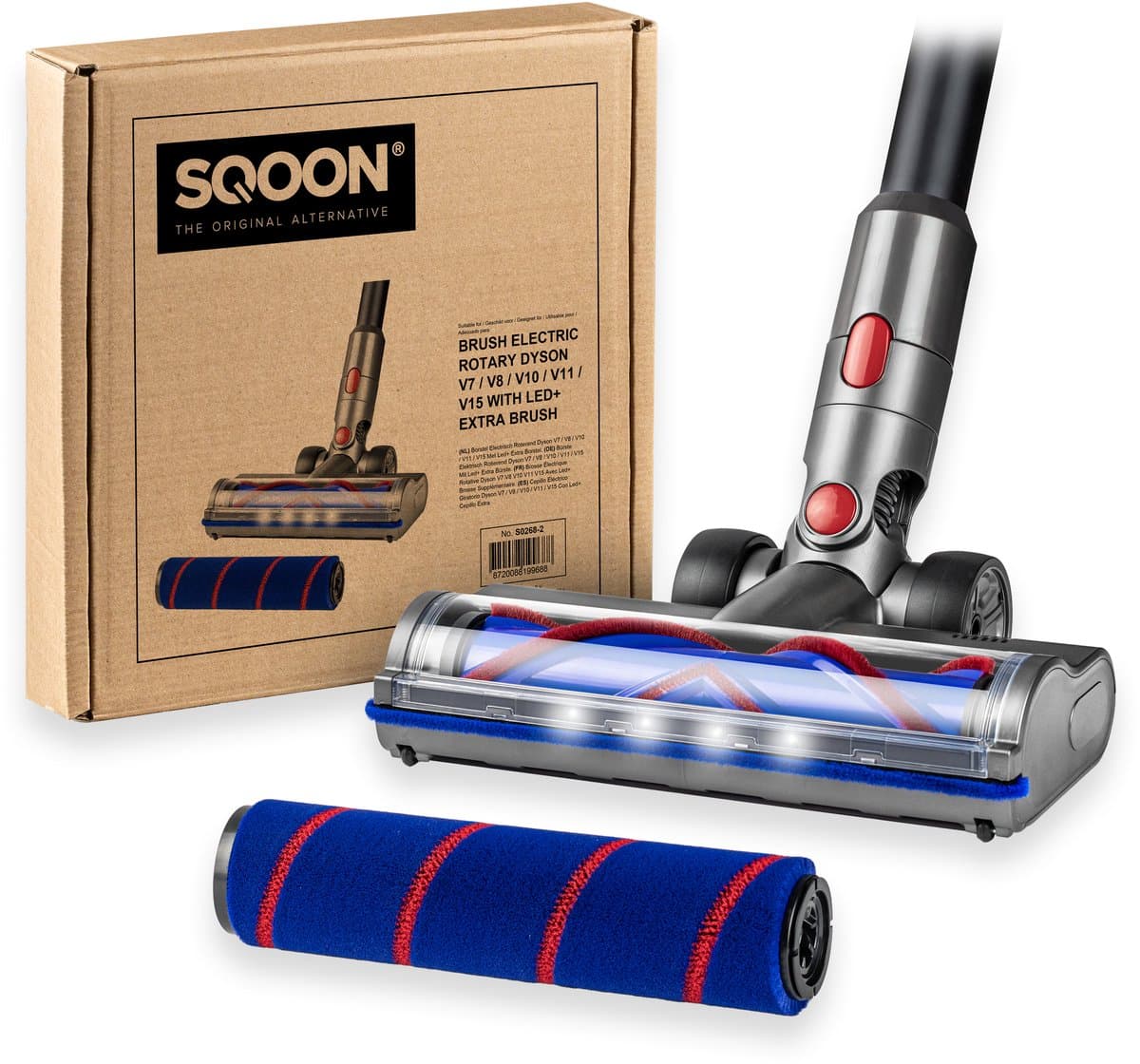 SQOON® Stofzuiger Mondstuk Geschikt voor Dyson Stofzuiger V7 / V8 / V10 / V11 en v15 Series - Met Twee Borstels - Zuigmond voor Dyson Steelstofzuiger - LED Licht — afbeelding 1
