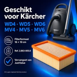 JustValue Vlakfilterset 4 Stuks - Geschikt voor Kärcher WD4/WD5/WD6 en MV4/MV5/MV6 - Met 2 Reinigingsborstels — thumbnail 2