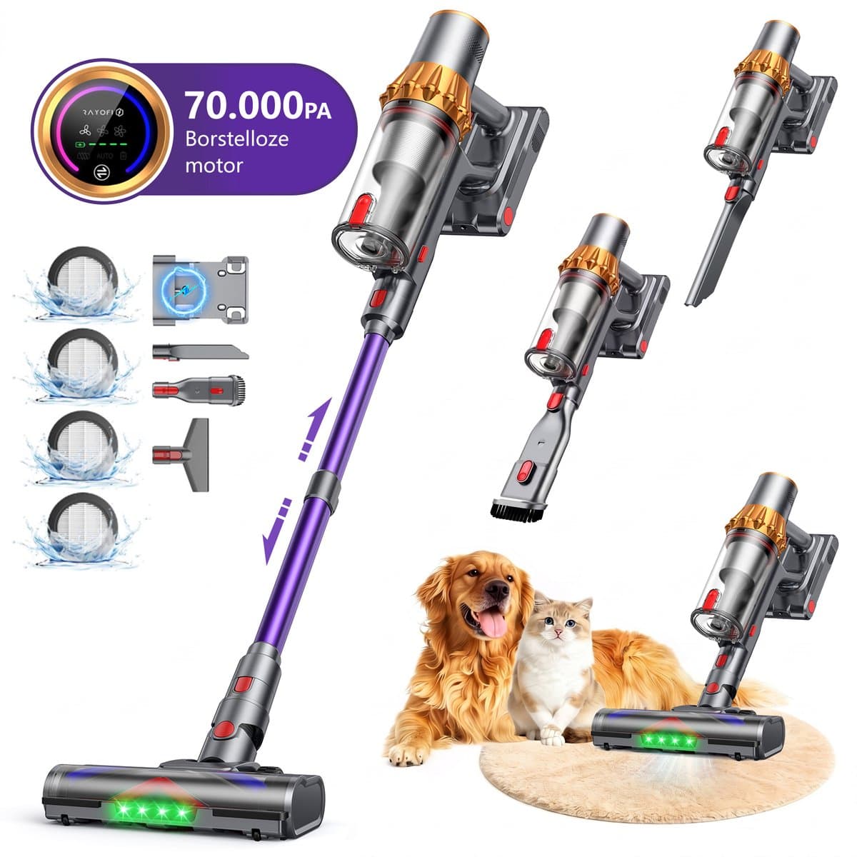 RAYOFI - Steelstofzuiger - Draadloze stofzuiger - 70000 PA zuigkracht - LED-display - Zakloos-werkt op batterijen - Geschikt voor dierenharen - Wordt geleverd met 4 verschillende opzetstukken - 3 zuigstanden - Anti-klit vloerborstel - 1,8 liter -Goud — afbeelding 1