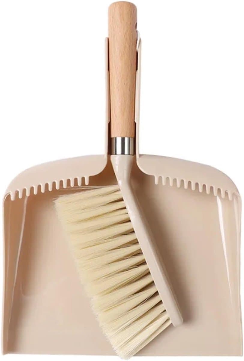 Bezem en stoffer - Mini reinigingsset - Kleine ruimtes reinigen - Houten handvat - 32x21x5cm - Bruin — afbeelding 1