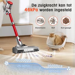 Elekiatech Steelstofzuiger- 46000Pa - 50 Minuten Gebruikstijd - 8 Kegel Filtersysteem Steelstofzuiger Draadloos - 1,5 L Stofbak - 2200 mAh Accu - voor Tapijten en Harde Vloere - Rood — thumbnail 4
