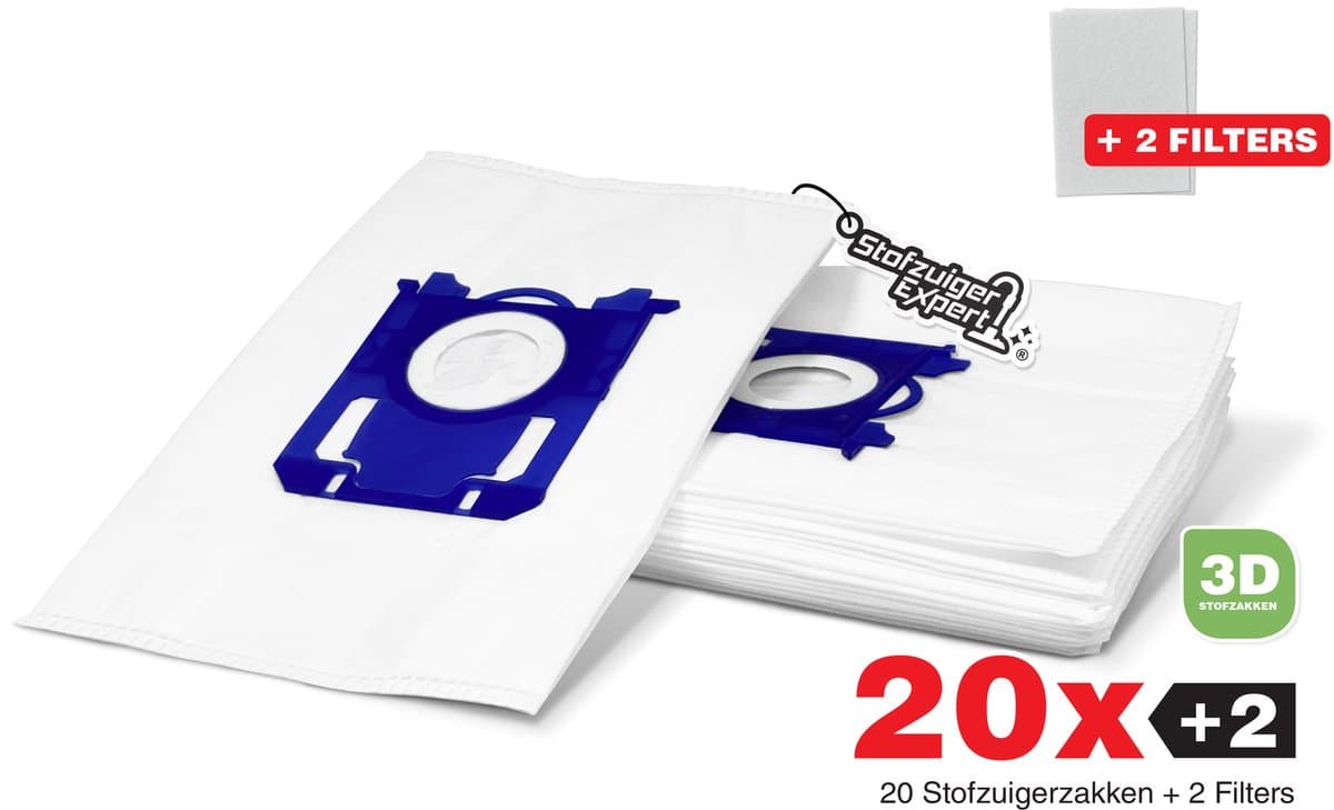 20x S-Bag 3D Stofzuigerzakken geschikt voor Philips, AEG, Electrolux - 20 stofzakken + 2 Filters - A-Kwaliteit Alternatief Microvezel Zakken — afbeelding 1