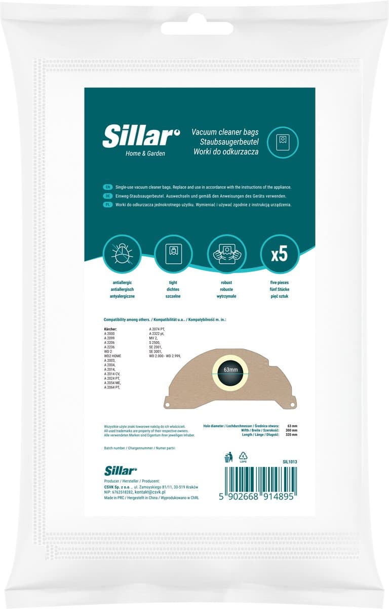 Sillar, stofzuigerzakken, synthetisch, van microvezel, 3 filterlagen, vervanging, geschikt voor stofzuigers Karcher WD2.200 WD 2400 WD 2500 E 5.100 SE 6.100, 5 stuks — afbeelding 1