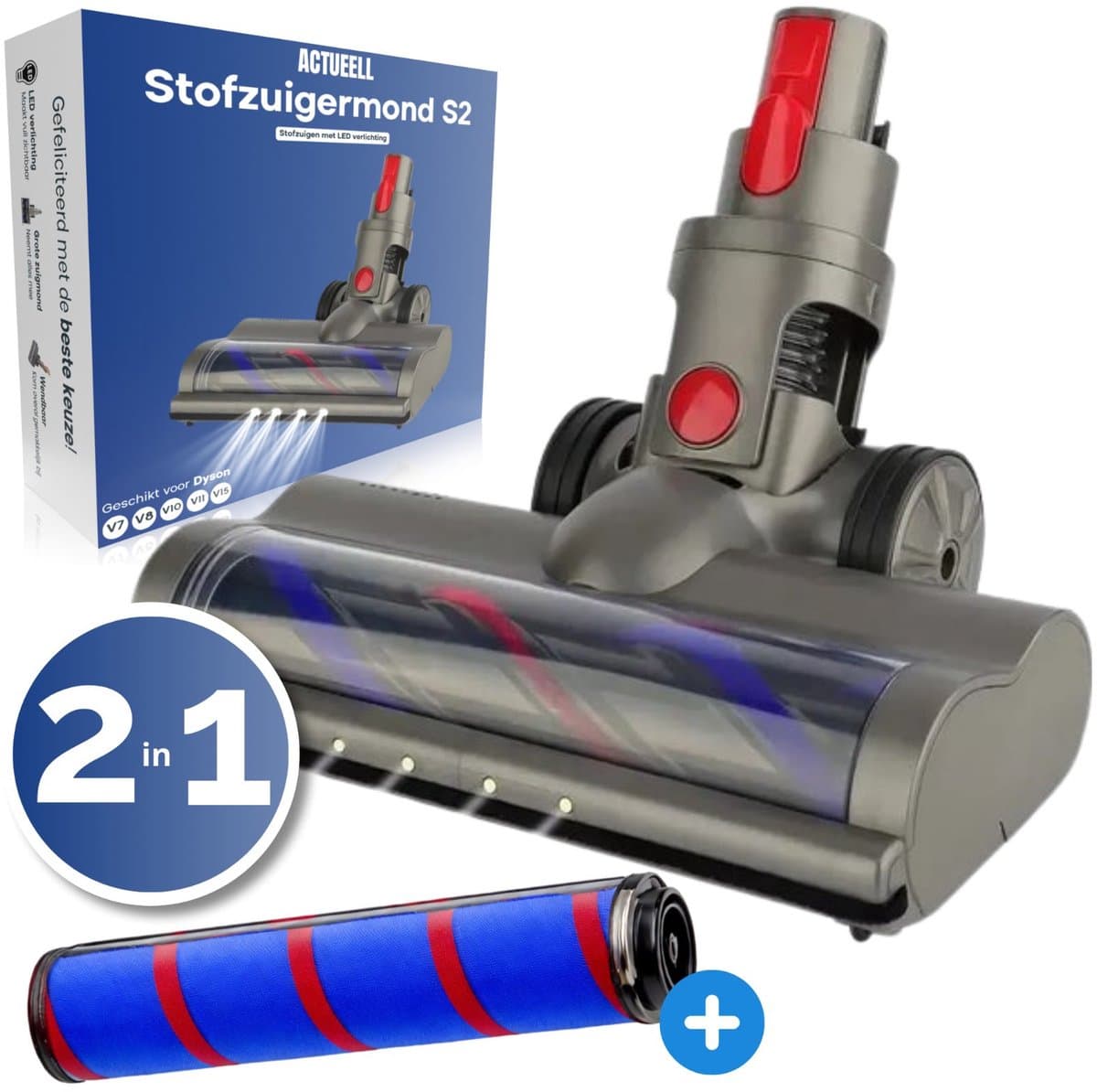 Actueell® 2 in 1 Opzetstuk S2 Geschikt voor Dyson V15, V11, V10, V8, V7 Steelstofzuiger – Turbo Vloerborstel met 4 LED Lampen – Parketborstel – Gemotoriseerde Roterende Borstel – Vervangende Zuigmond — afbeelding 1