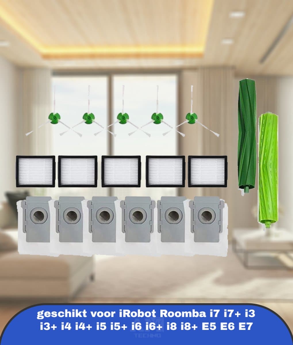 18 onderdelen geschikt voor iRobot Roomba i7 i7+ i3 i3+ i4 i4+ i5 i5+ i6 i6+ i8 i8+ E5 E6 E7 - stofzuigeronderdelen - 6 stofzuigerzakken / 5 HEPA-filter / 5 zijborstel / 2 wals — afbeelding 1