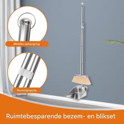 Bezem En Stoffer - Schoonmaak Set - Vloeren Reinigen - Roestvrij Staal - Verstelbare Lengte - Zilver — thumbnail 4