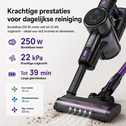Gloovon® Draadloze Steelstofzuiger - 22kPa Zuigkracht - Borstelloze 250W Motor & Knikbare Buis - HEPA Filter - 39 min Accuduur — thumbnail 3