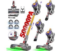 Adormii Steelstofzuiger Draadloos – 50000Pa Sterke Zuigkracht – 60 Min Accuduur – Anti-haarwikkel Vloerborstel – 4 HEPA-filters – 1,6 L Stofreservoir – Groene LED Stofdetectieverlichting – Goud