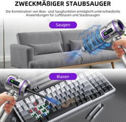 OKWISH Handstofzuiger – Auto Stofzuige – Krachtige Zuigkracht – Auto, Huis En Klein Ruimtes – LCD Scherm – 16 KPa – Kunststof – Zilver+Paars — thumbnail 3