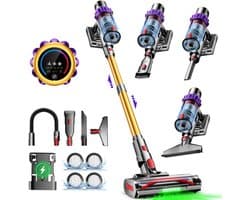 Hiaonyx steelstofzuiger - 9-in-1 steelstofzuiger draadloos - 75000pa - Met dierenborstel - LED Groene Stofdetectielamp - Geschikt voor Tapijten - Harde Vloeren en Dierenharen - 1.8-liter stofopvangbox - Goudkleurig