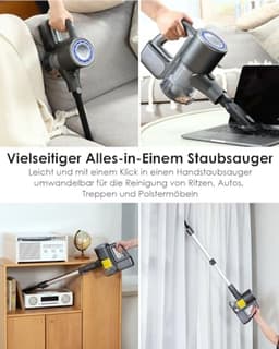 Draadloze 2-in-1 Stofzuiger en Dweil met 40 kPa Zuigkracht, Groen LED Licht, HEPA Filter, 6 Accessoires, Geschikt voor Alle Vloertypes en Dierenharen - Grijs — thumbnail 5