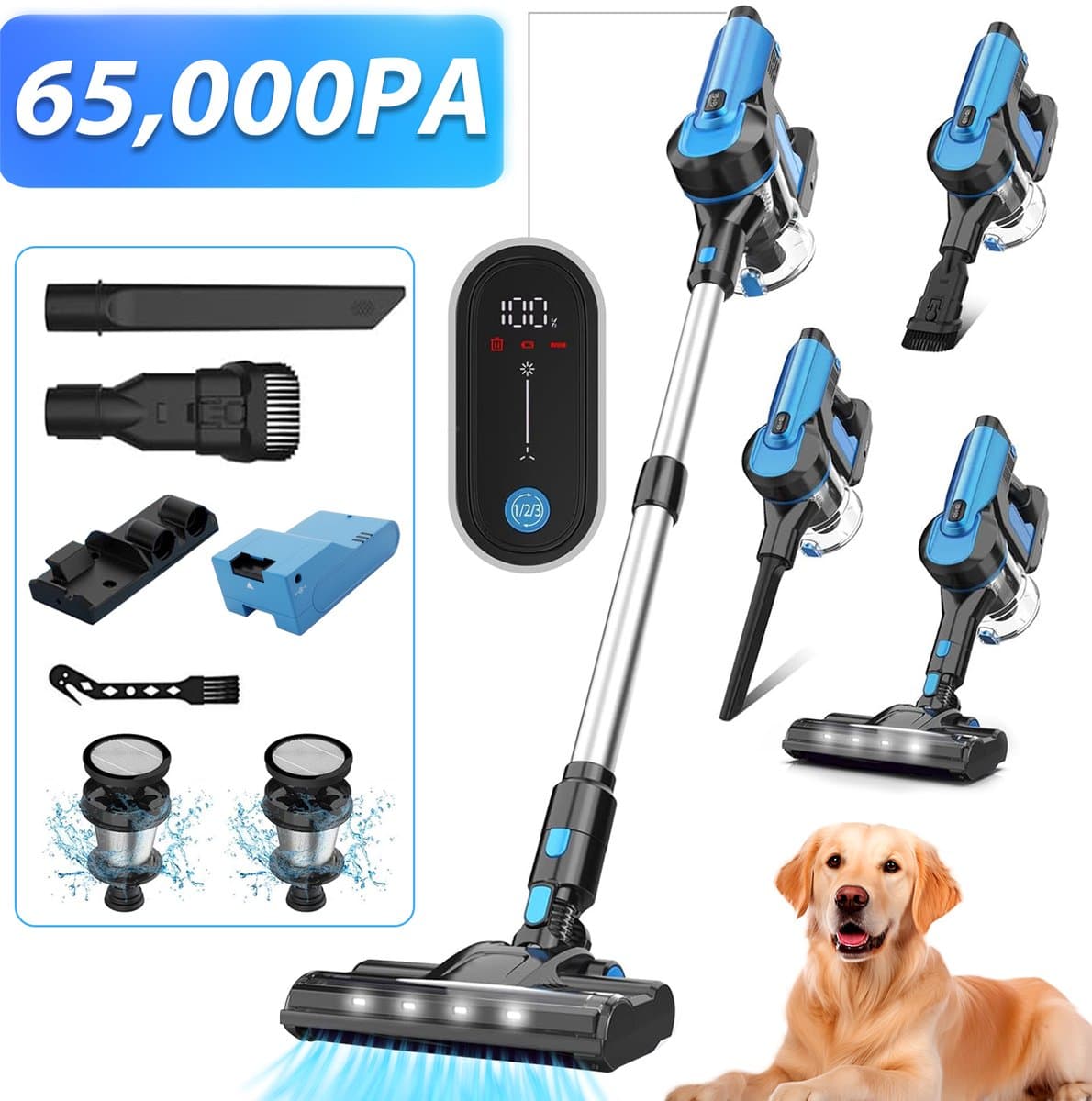 Grenintol Steelstofzuiger - 8 in 1 Steelstofzuiger Draadloos - Zelfstaande Stofzuiger Zonder Zak - 300W/2200 mAh Accu - 55 Minuten - 1,2 L Stofbak - voor Tapijten en Harde Vloere - 65,000PA - Blauw — afbeelding 1