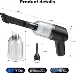 Draadloze 3-in-1 Handstofzuiger - 9000 Pa Krachtige Mini-stofzuiger voor Auto, Huis en Dierenharen — thumbnail 3