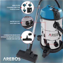 AREBOS Industriële stofzuiger | geel | inhoud 30 liter | 1300 W | met extra stopcontact | uitblaasfunctie | ideale natte droge stofzuiger | ook voor aszuigen — thumbnail 4
