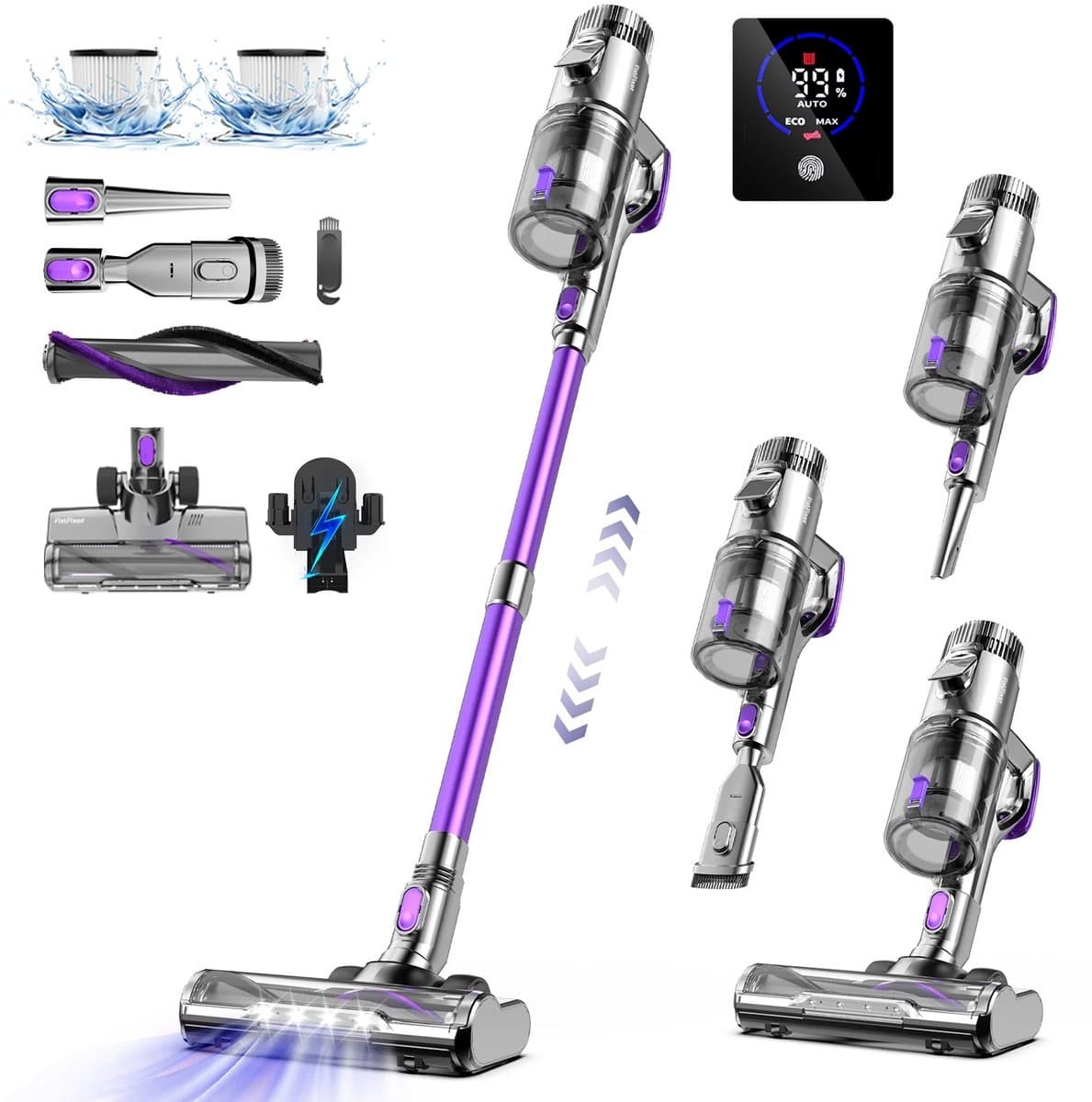 Zerova Steelstofzuiger - Stofzuiger draadloos - Kruimelzuiger - 40 kPh zuigkracht - 80 min accuduur met LED-display - Paars — afbeelding 1