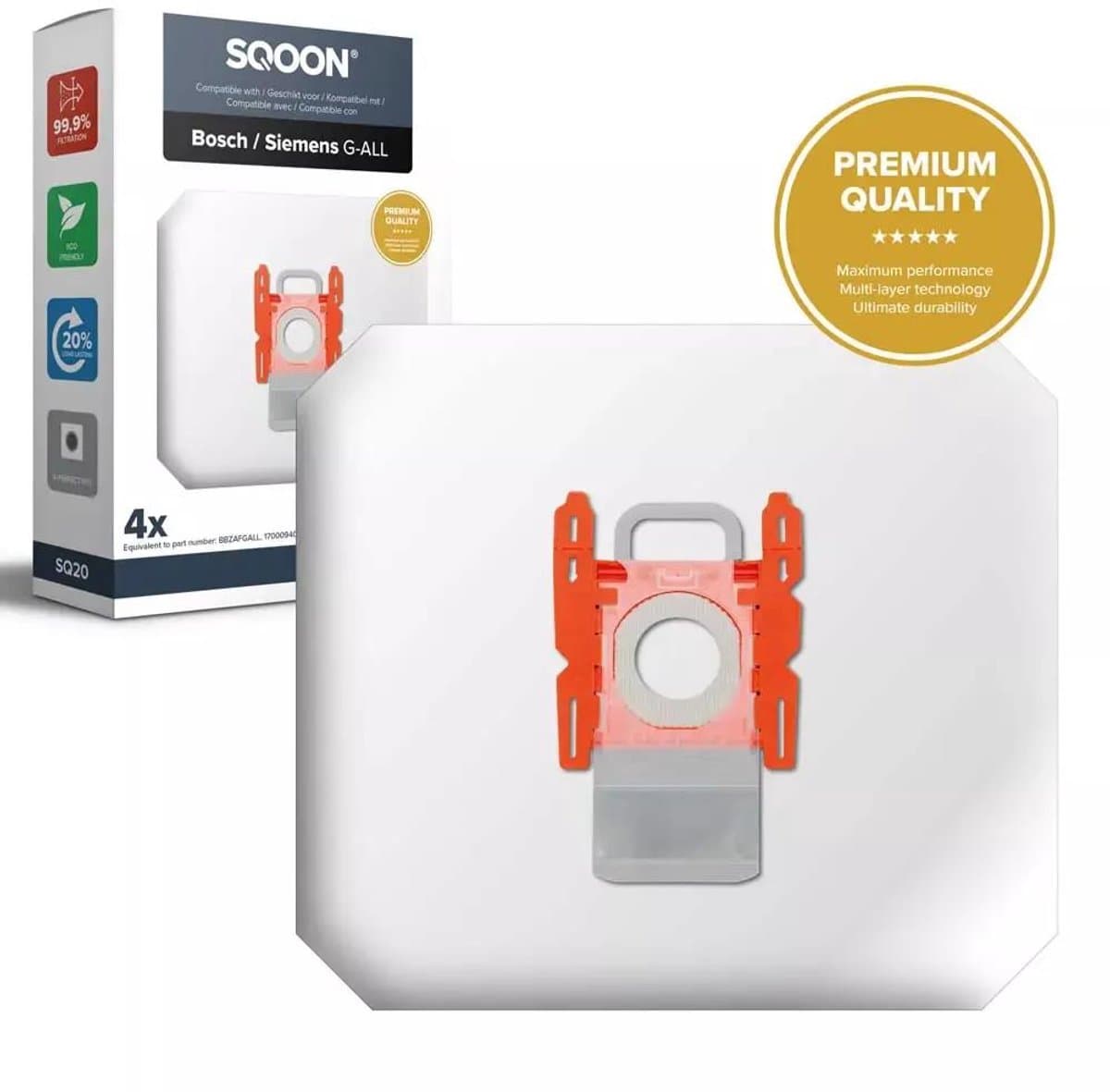 SQOON® Stofzuigerzak geschikt voor Bosch & Siemens BBZ16GALL / BBZ41FGALL Series - Alle Bosch & Siemens stofzuigers | Rode aansluiting - 4 stuks — afbeelding 1