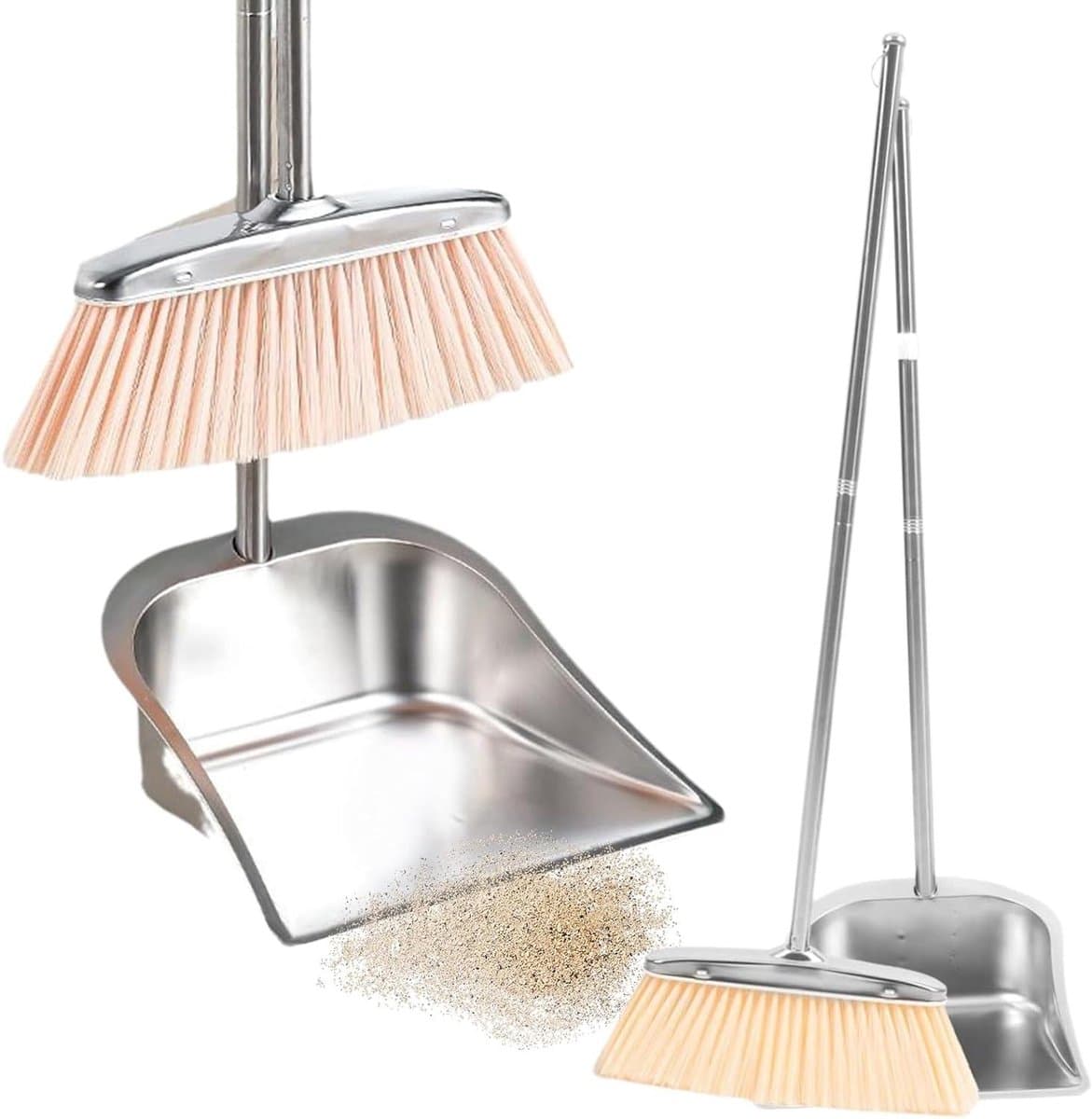 Bezem En Stoffer - Schoonmaak Set - Vloeren Reinigen - Roestvrij Staal - Verstelbare Lengte - Zilver — afbeelding 1