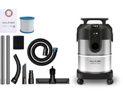 Nilfisk Multi I 20 T Inox Nat- en Droogzuiger - 1100W - 20L RVS Alleszuiger - L-Klasse Stofzuiger met Stopcontact voor Elektrisch Gereedschap & Blaasfunctie