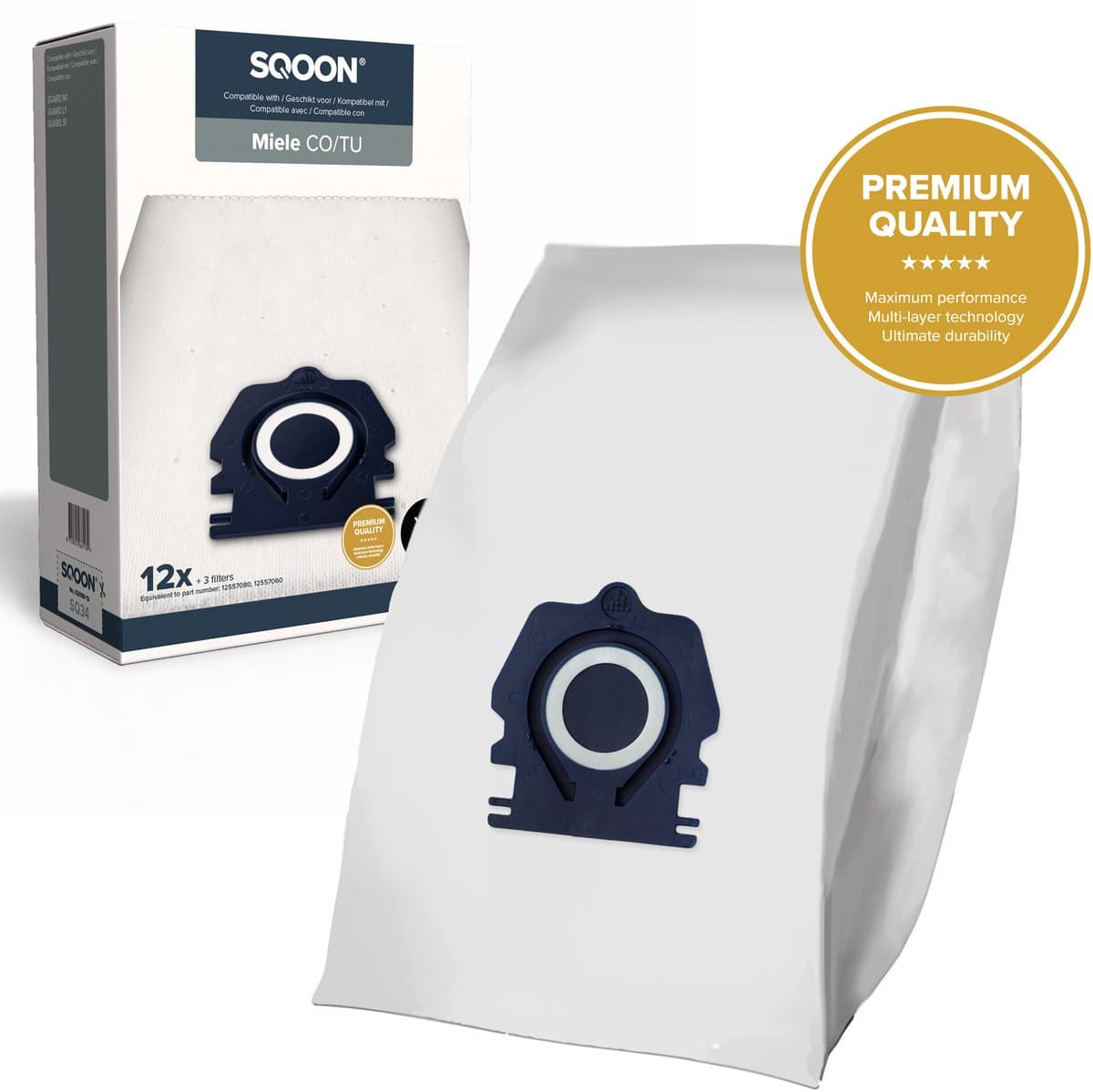 SQOON® Stofzuigerzakken - 12 STUKS - Geschikt Voor Miele Guard S1, M1 en L1 series - Gelijk aan model: CO / TU - High Filtration - Inclusief 3x Uitblaasfilters — afbeelding 1