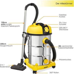 MASKO® industriële stofzuiger nat-droog roestvrij staal 2300W + stopcontact | blaasfunctie | droog en nat zuigen | Push&Clean | industriële stofzuiger met en zonder zak | zakloos - Geel — thumbnail 5