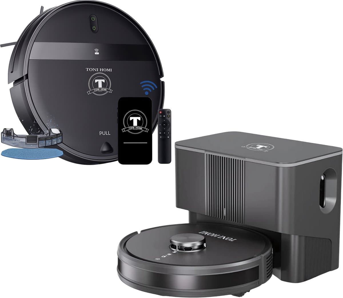 TONIHOMI® Q8 + G20 Robotstofzuiger Combi Deal – Met Dweilfunctie – LDS Laser Navigatie – Automatisch Legen – App Bediening – Laadstation – Huisdieren – Zwart — afbeelding 1